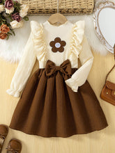 Young Girl Fashion Casual Floral Embroidery Splice With Bow Decor Long Sleeve A-Line Dress, Suitable For Home And Outdoor, Spring/Autumn